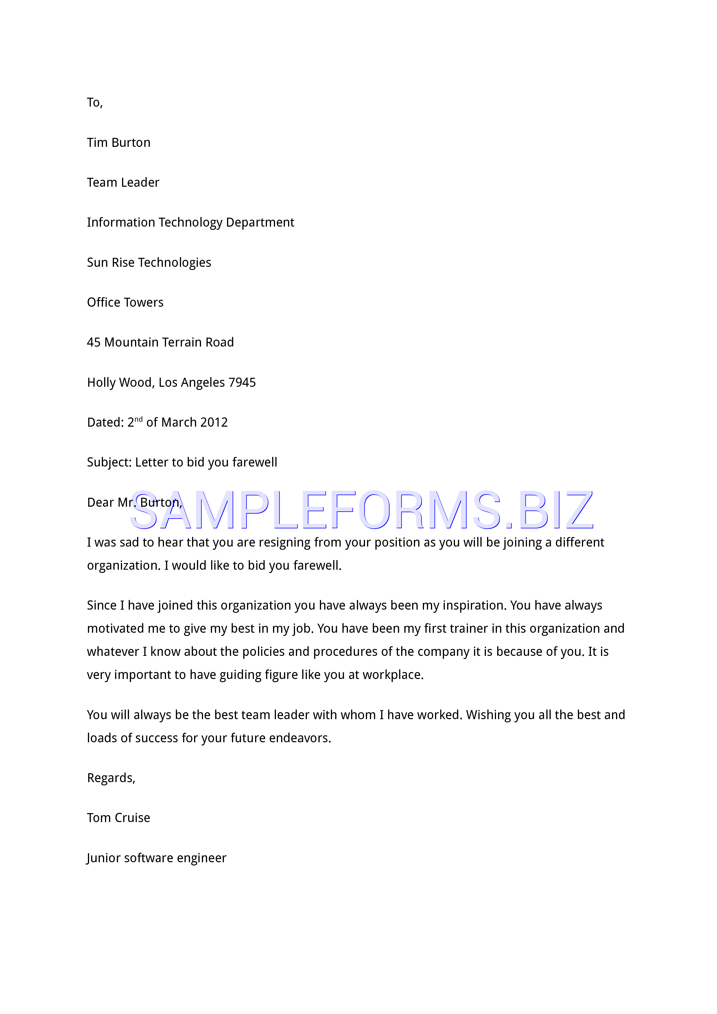 Preview free downloadable Farewell Letter in PDF (page 1)